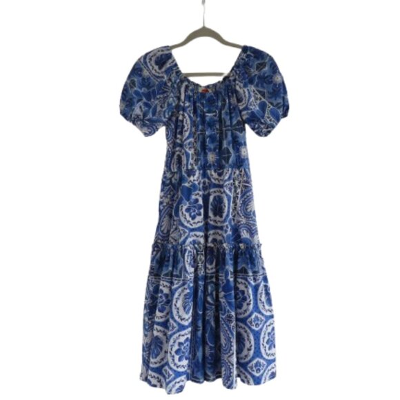 FARM RIO Tile Dream Tiered Puff Sleeve Dress in Blue White Boho Cottage - Size S - Picture 1 of 15